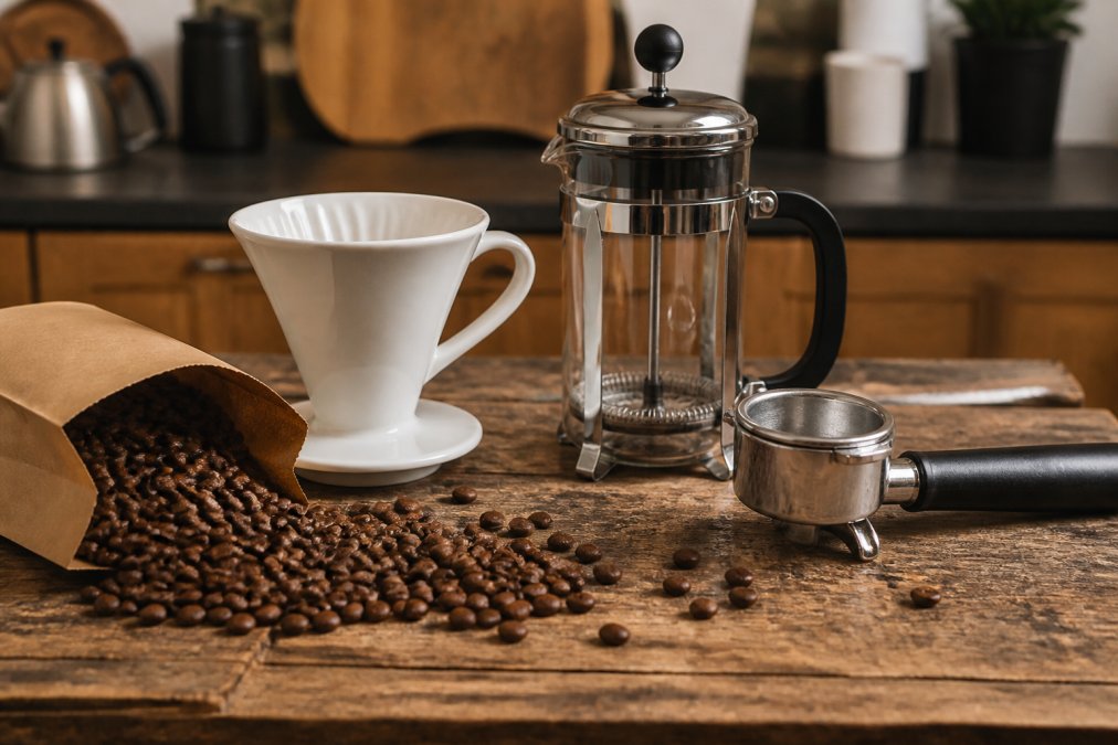 Close-up of whole coffee beans spilling from a kraft paper bag onto a worn wooden surface, with a ceramic pour over dripper, a glass French press, and a chrome espresso portafilter arranged in a row under warm kitchen lighting