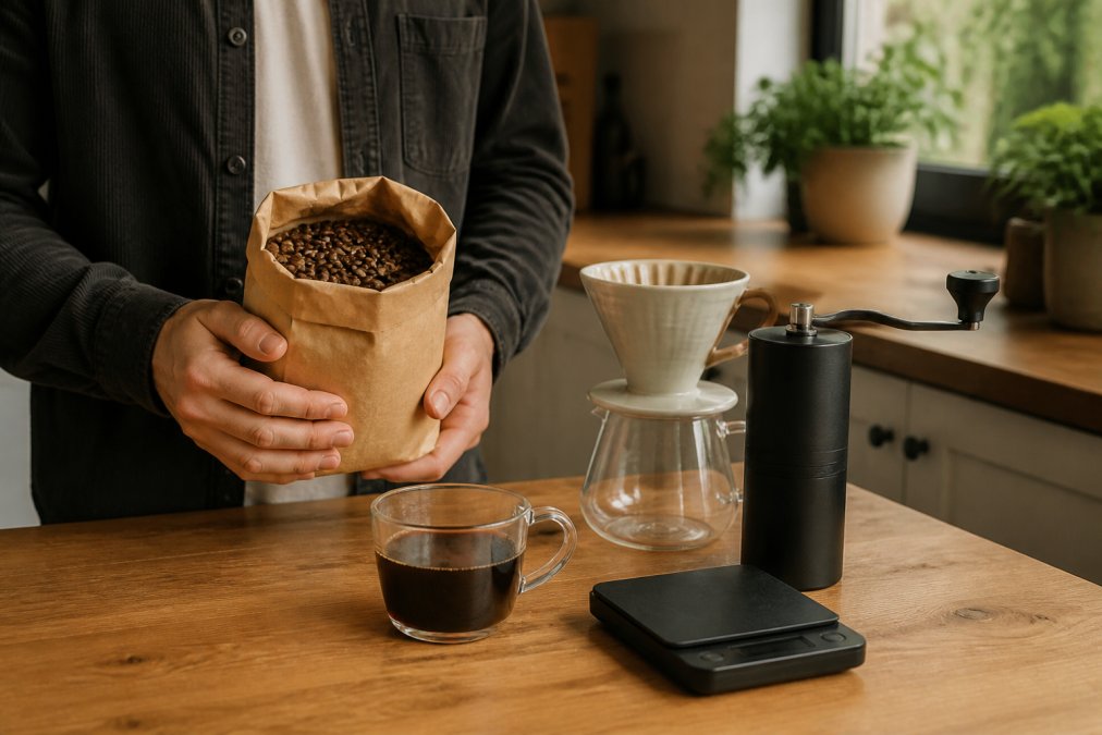 Person holding a bag of coffee beans beside a grinder, pour-over dripper, and a mug of fresh black coffee