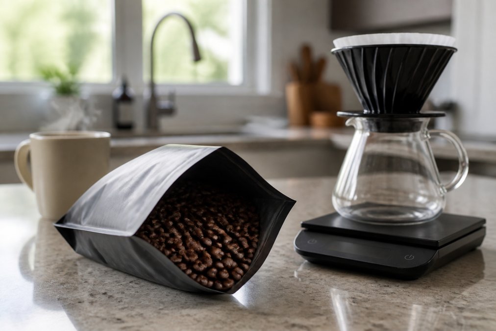 Open bag of fresh coffee beans next to a kitchen scale and a pour-over coffee setup with a steaming mug