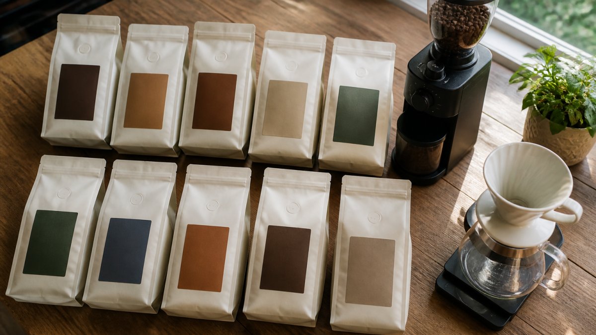 Overhead flat lay of several unopened coffee bags with different roast labels arranged on a wooden kitchen counter, a burr grinder and a pour-over dripper nearby, natural window light