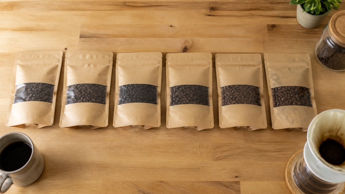 Overhead shot of six small coffee sample bags arranged in a row on a light wooden kitchen counter, each bag showing a different origin label, with a ceramic coffee cup and a pour-over dripper visible at the edge of the frame