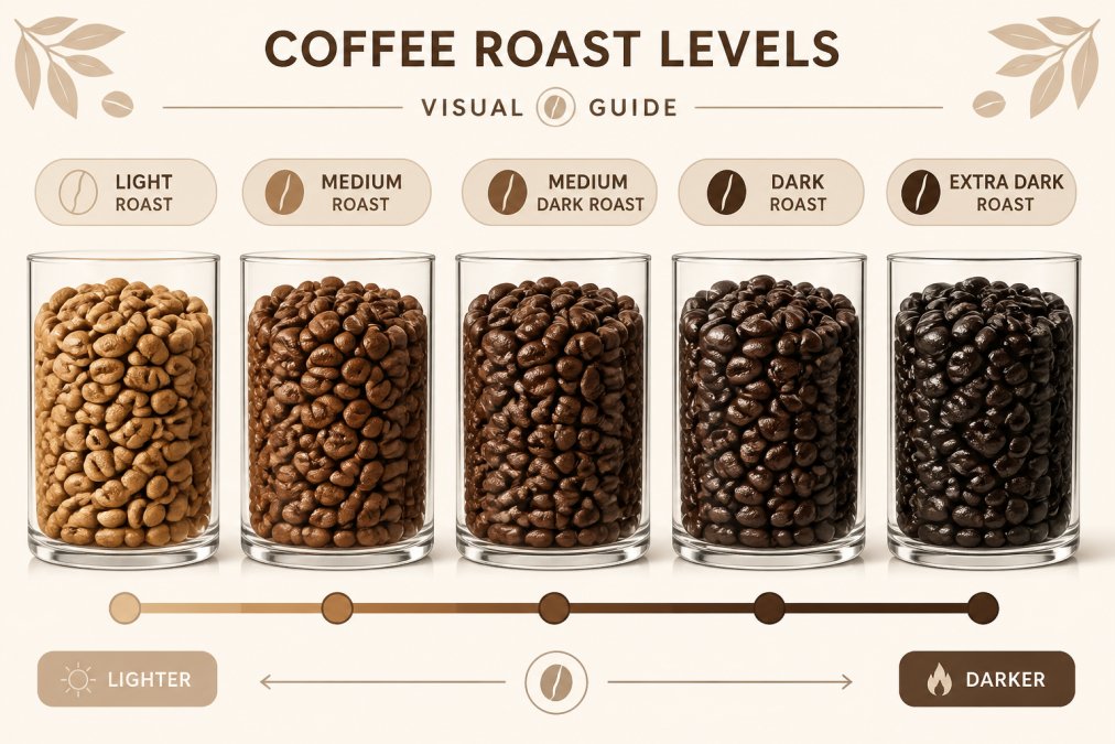 Assortment of whole coffee beans in different roast levels displayed in clear glass containers, showing the visual progression from light to dark roasts with warm lighting