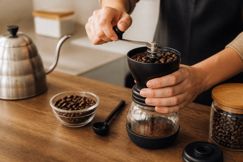 Close-up of a person's hands operating a manual burr grinder over a small glass container of freshly ground coffee, whole beans visible in the hopper, warm kitchen counter light