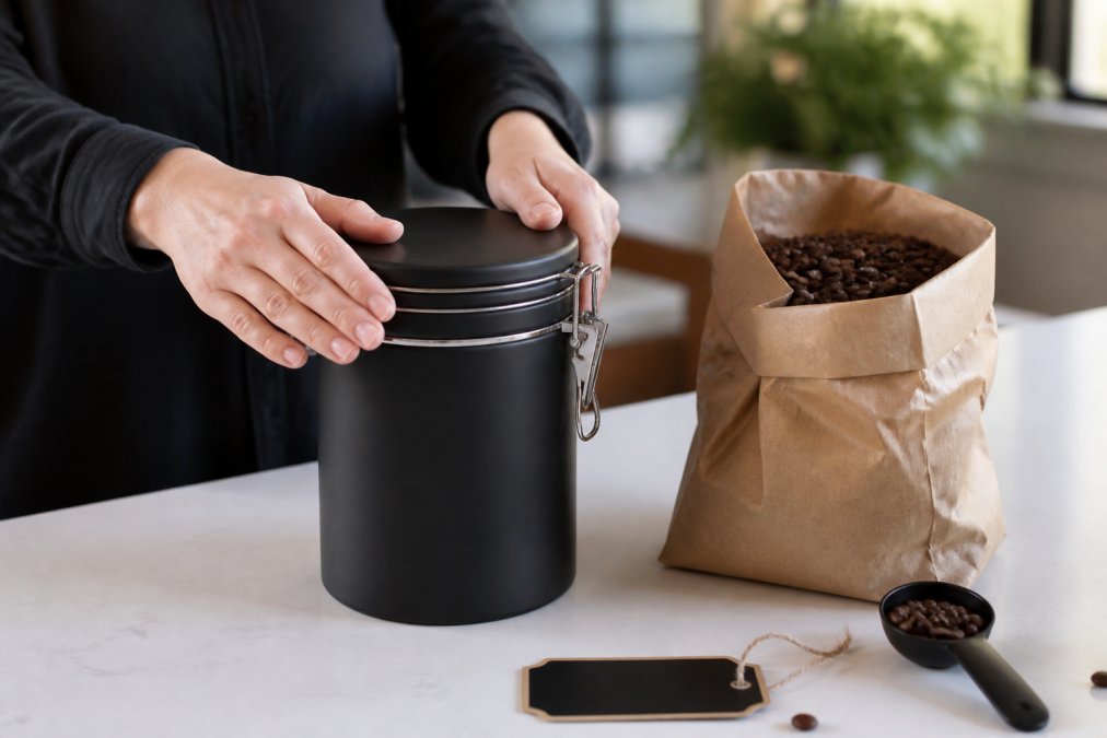 A pair of hands pressing down the lid of a matte black airtight coffee canister on a home kitchen counter, with an open kraft paper bag of whole bean coffee and a small chalkboard label resting nearby in soft natural window light