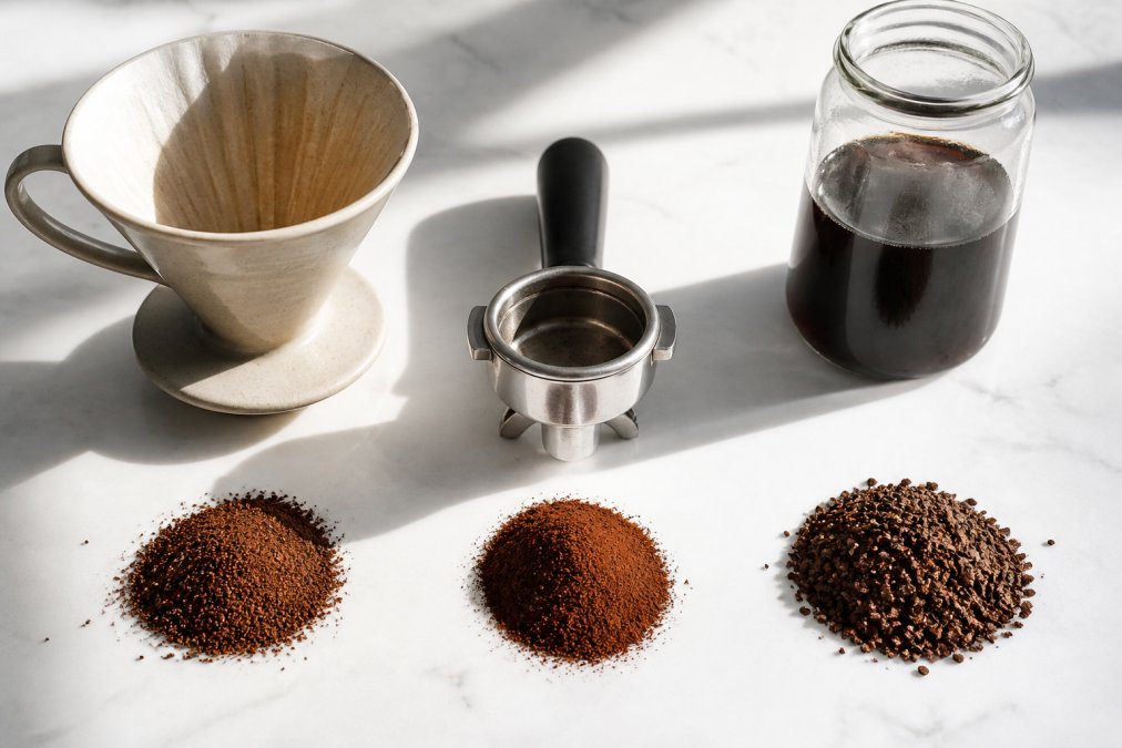 Flat lay on a clean white countertop showing a ceramic pour over dripper, a stainless espresso portafilter, and a glass cold brew jar, each with a small pile of ground coffee beside it showing visibly different textures from fine to coarse, photographed under bright natural window light