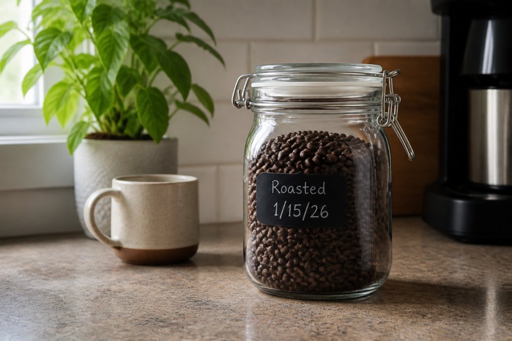An airtight glass canister filled with dark whole coffee beans sitting on a kitchen counter away from a sunlit window, with a small chalkboard label showing a roast date written in chalk, soft natural light from the left