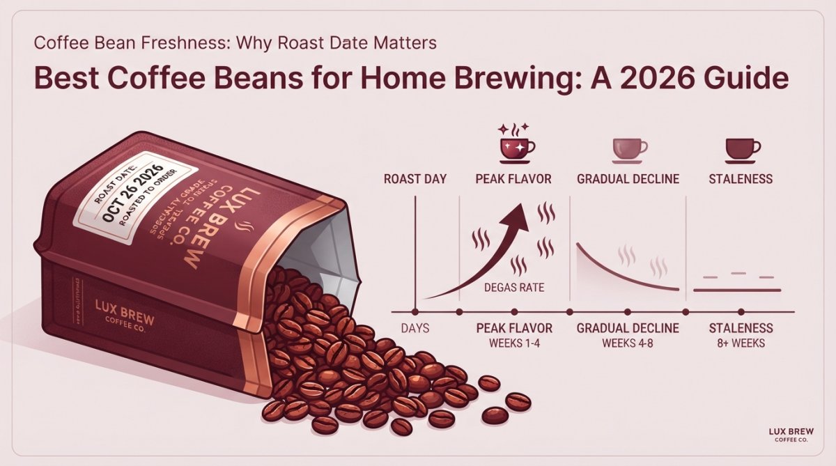 Close-up of a coffee bag showing roast date with freshly roasted whole beans spilling out, highlighting vibrant color and detail of specialty coffee beans