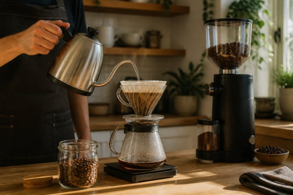 A home barista pouring hot water from a gooseneck kettle over coffee grounds in a pour-over dripper on a kitchen counter, with a burr grinder and fresh whole beans visible nearby in warm morning light