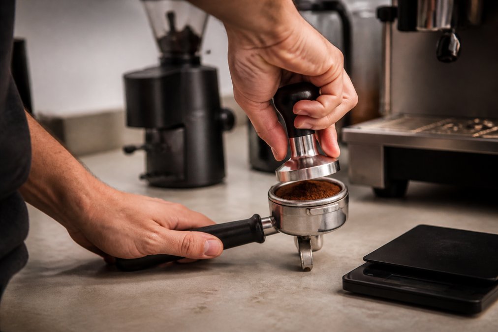 Hands tamping the best coffee beans for home espresso into a portafilter next to a digital scale and machine
