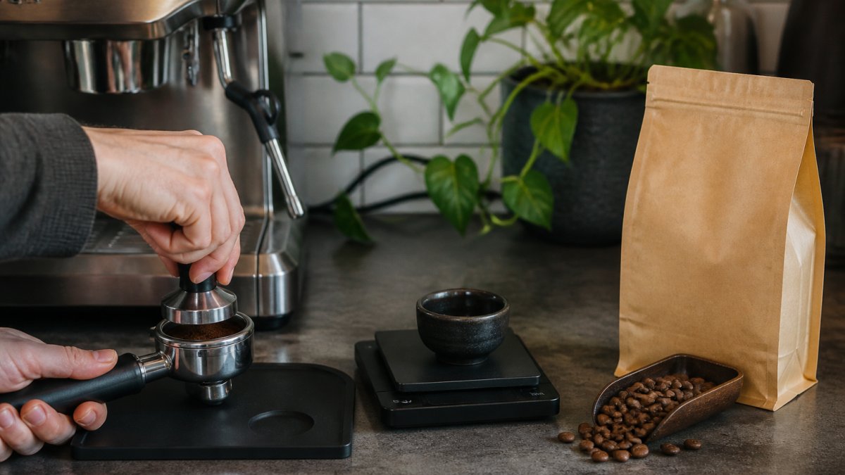 Tamping ground coffee in a portafilter next to a digital scale and a bag of beans on a kitchen counter