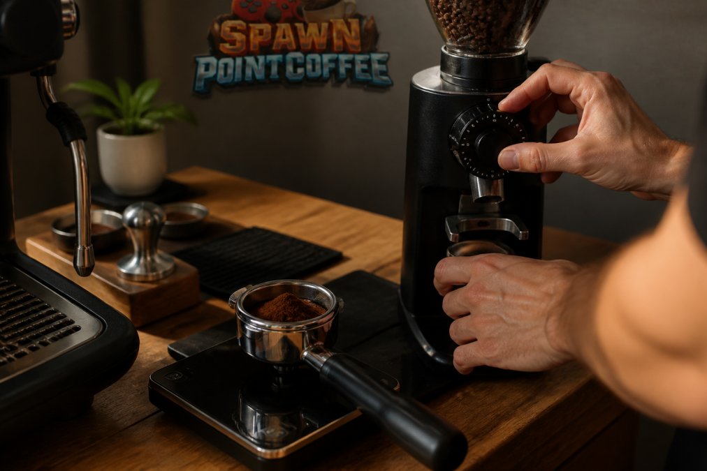Barista adjusting a burr grinder dial on a wooden countertop for a perfect home espresso shot