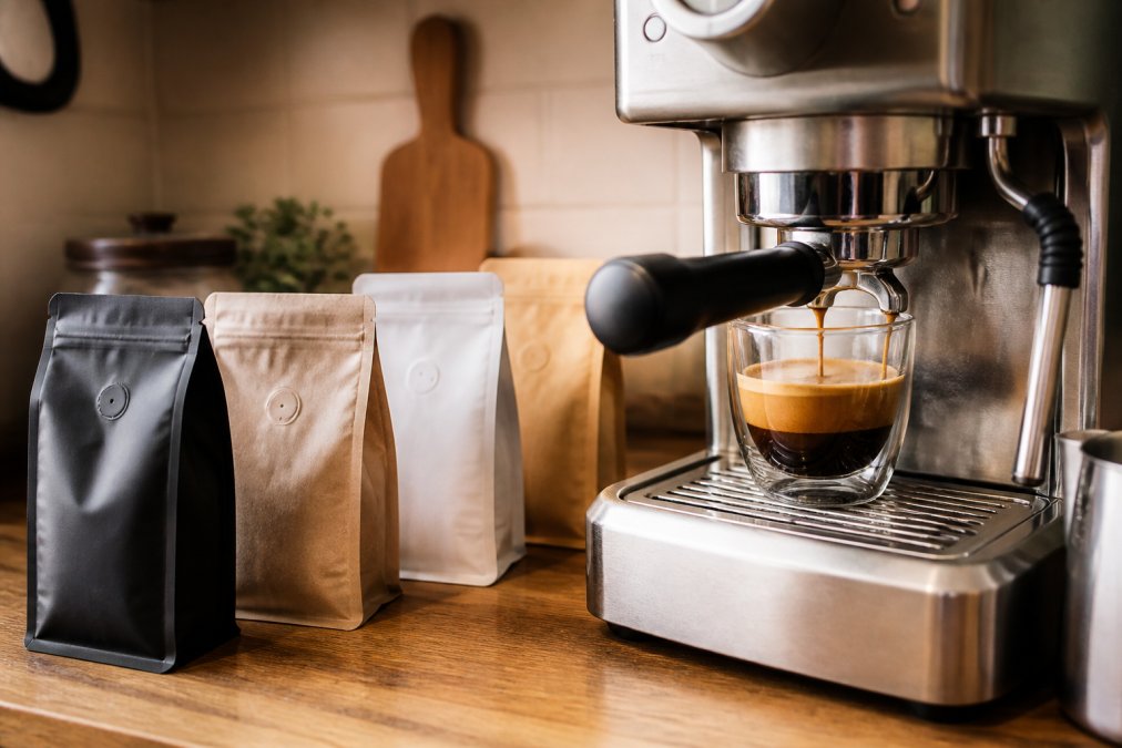 Close-up of several small bags of whole bean coffee arranged on a wooden counter next to a home espresso machine pulling a shot with rich crema forming in the cup, warm kitchen lighting, natural wood surfaces