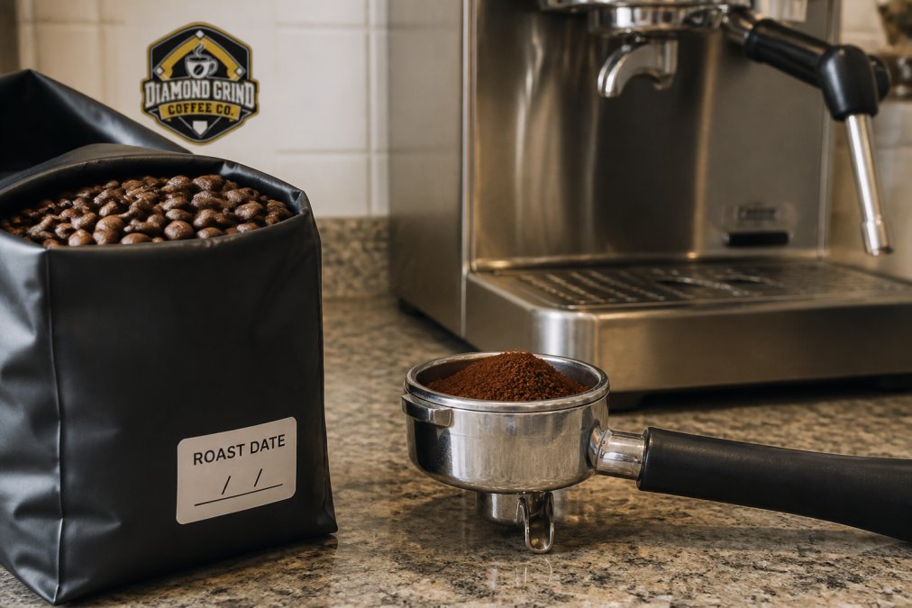 Freshly roasted coffee beans with a roast date next to a portafilter, ideal as the best coffee beans for home espresso