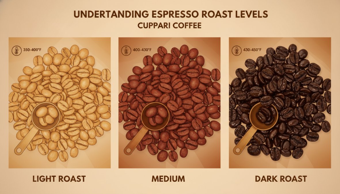 Close-up overhead shot of three distinct coffee bean samples showing light, medium, and dark roasted beans side-by-side on a white surface with a measuring scoop