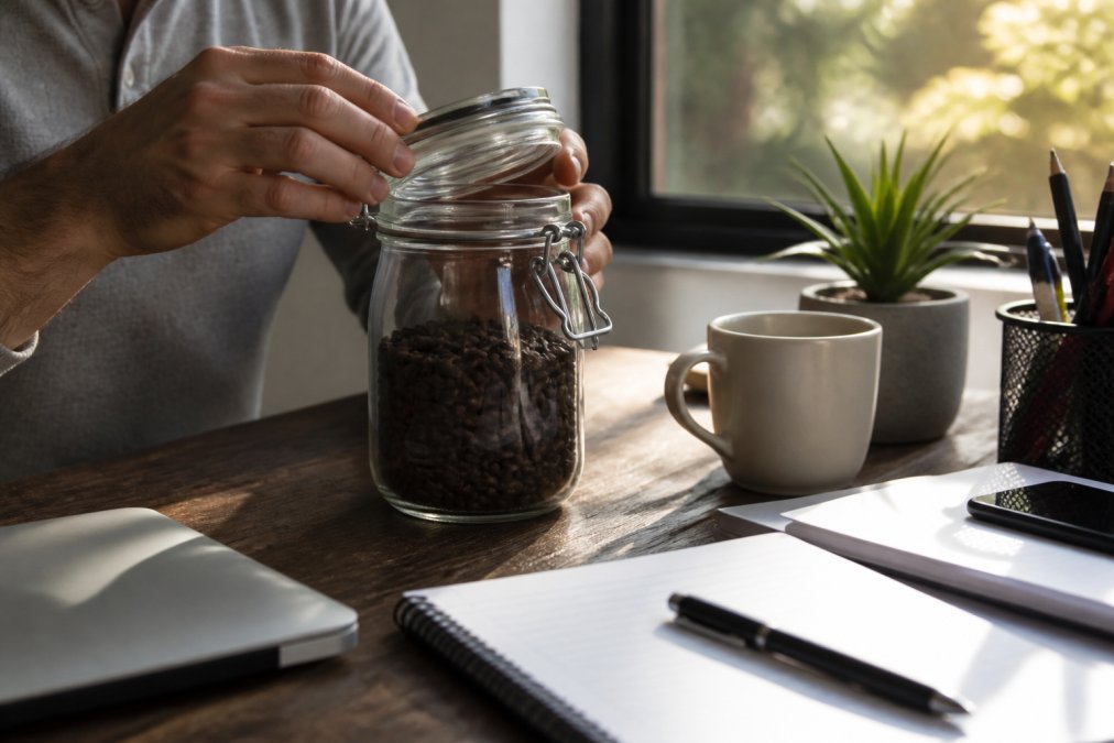 Hands opening an airtight glass coffee container on a home office desk, revealing whole beans inside, with natural morning light streaming through a nearby window and a workspace visible in soft focus
