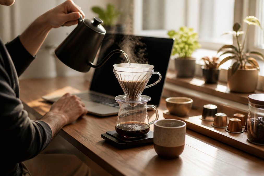 Remote worker at a home office desk with a pour-over cone setup in progress, steam rising from the brewer, a ceramic mug nearby, and a laptop with morning sunlight illuminating the workspace
