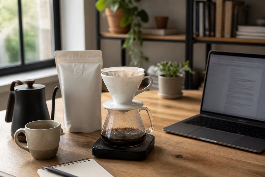 Infographic comparing the best coffee beans for home office by roast level and brewing method on a desk setup.