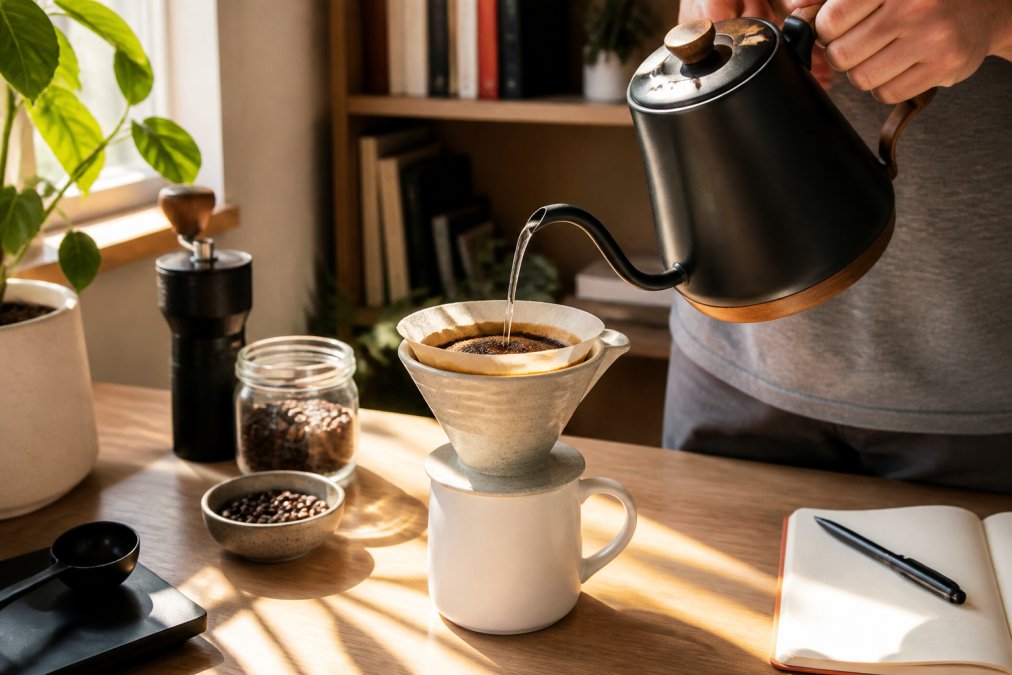 Hands pouring hot water from a gooseneck kettle over whole bean coffee grounds in a ceramic pour-over dripper, with a white mug and morning sunlight streaming across a home office desk