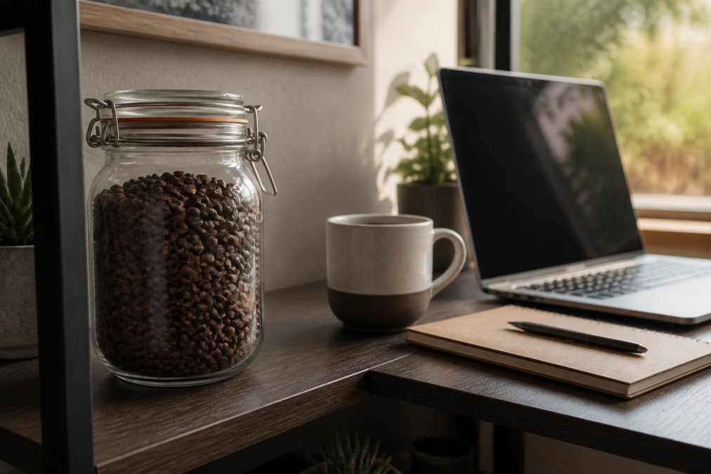 A sealed glass coffee canister with a rubber gasket sitting on a home office shelf next to a laptop, coffee mug, and notebook, showing proper storage in natural morning light