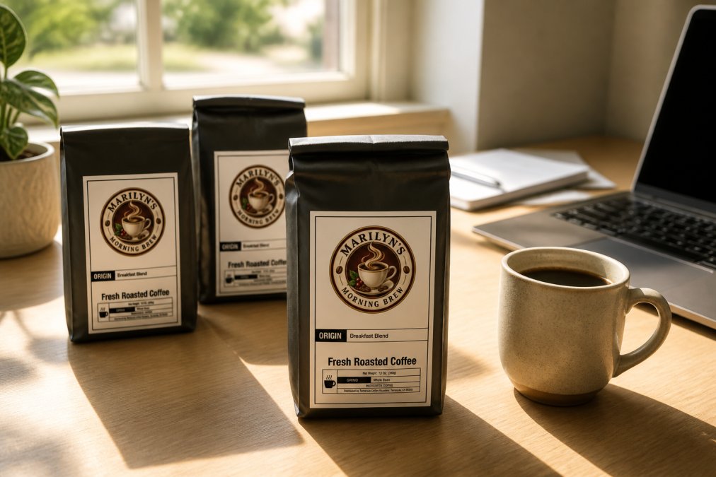 Flat lay of several small coffee bags from Marilyn's Morning Brew arranged on a light wooden desk alongside a filled ceramic mug, a laptop open in the background, and warm morning light coming through a window