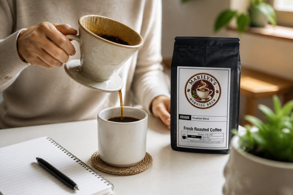 Close-up of hands pouring freshly brewed coffee from a ceramic pour-over dripper into a white mug on a clean home-office desk, with a notebook and pen visible nearby in warm natural light