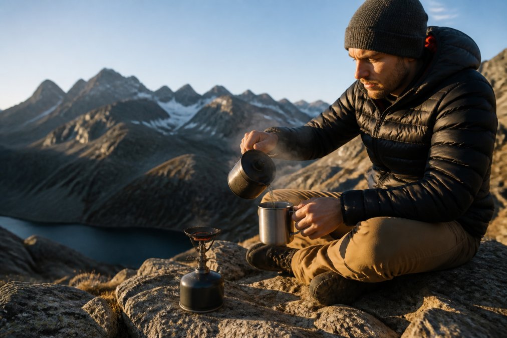 Hiker in backcountry alpine setting pouring hot water from a lightweight camping stove into a metal mug with instant coffee, steam rising, mountains visible in morning light