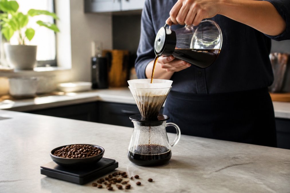 Pouring cold brew coffee through a filter for a smooth low acidity roast into a glass carafe on a kitchen counter