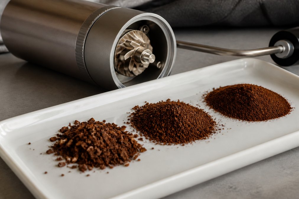 Close-up of coffee grounds at different particle sizes on a white ceramic surface, showing the progression from coarse to medium-fine grind next to a precision manual coffee grinder with titanium burrs