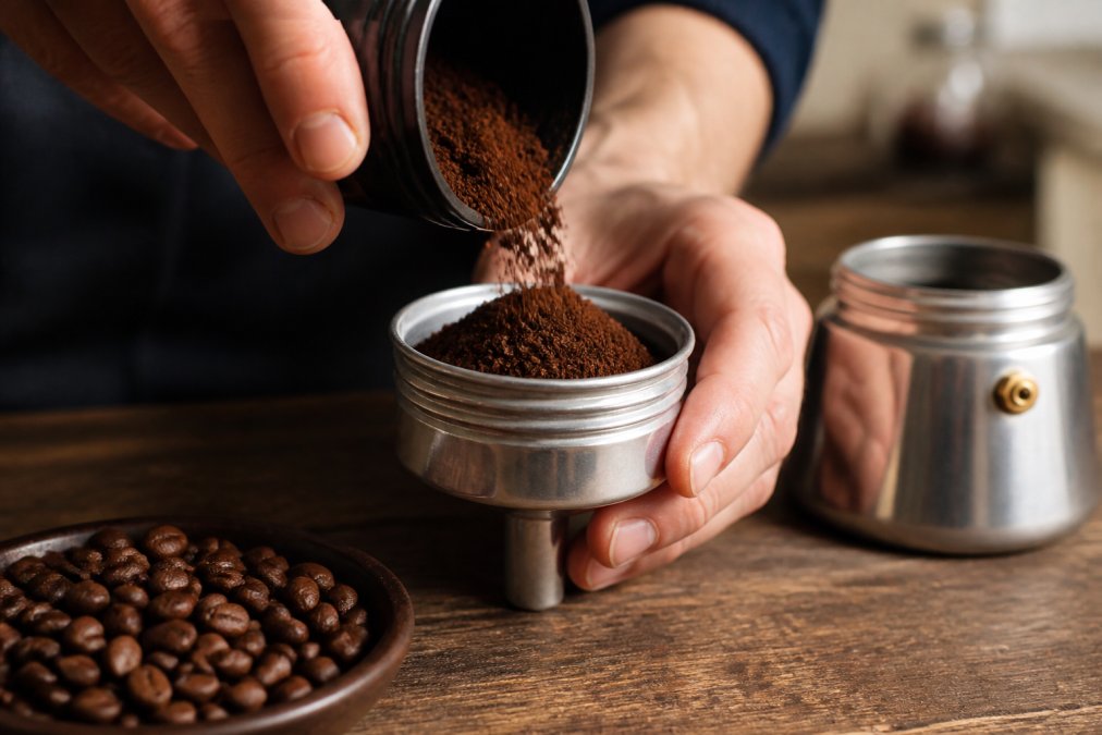 Hands pouring freshly ground medium-fine coffee into a stainless steel moka pot funnel, with whole beans and a filled water chamber visible in the background, natural kitchen lighting