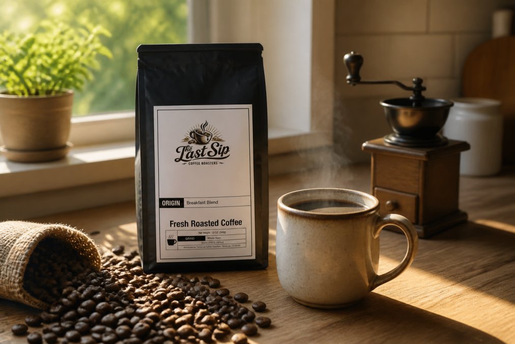 Warm morning sunlight streaming through a kitchen window onto a ceramic mug filled with freshly brewed coffee, whole arabica beans scattered on a wooden surface beside a burr grinder