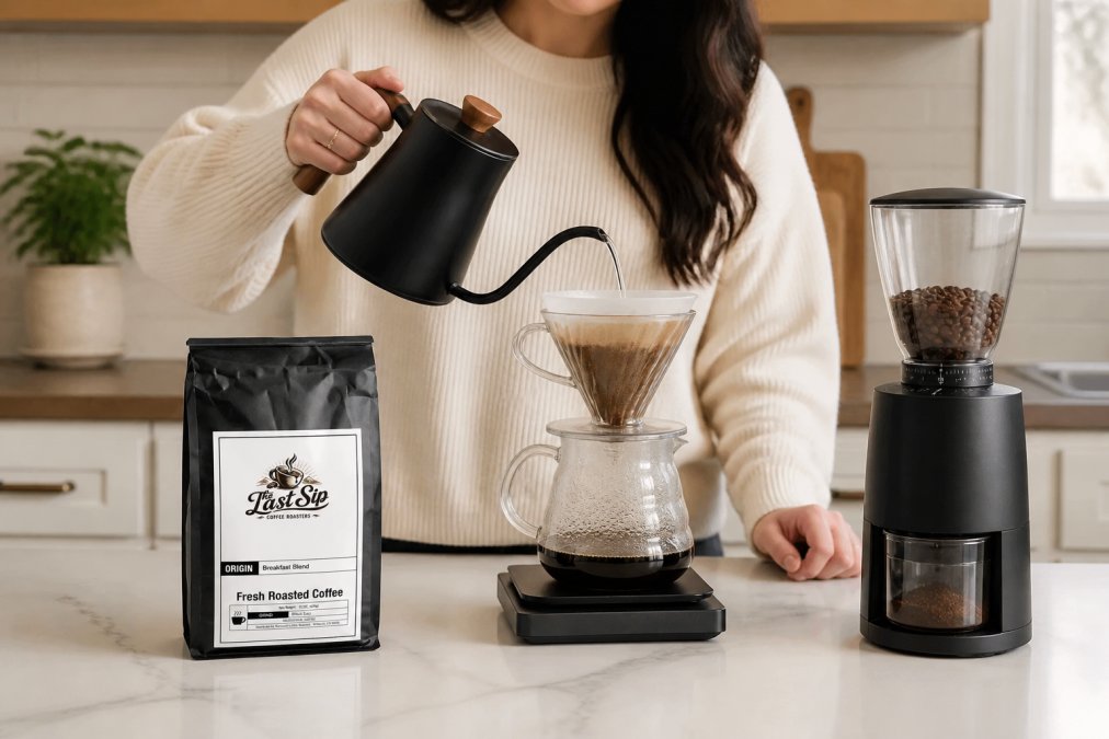 Person in a bright kitchen pouring hot water from a gooseneck kettle over coffee grounds in a pour-over dripper, with a bag of whole coffee beans and a burr grinder visible on the counter