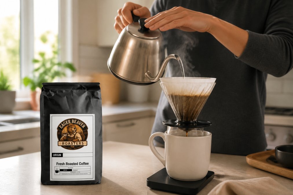 Hands pouring hot water from a gooseneck kettle into a pour over dripper with filter paper and ground coffee, with a white ceramic mug positioned below catching the dark brown liquid, natural morning light from a kitchen window