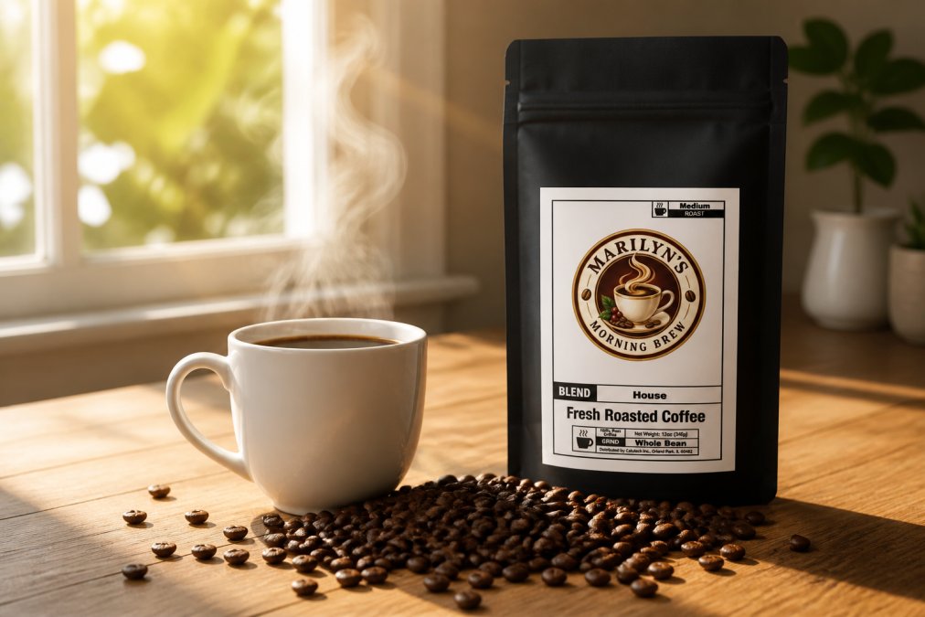 Steaming cup of freshly brewed coffee on a wooden table with whole coffee beans scattered nearby, soft morning sunlight streaming through a window, peaceful home setting