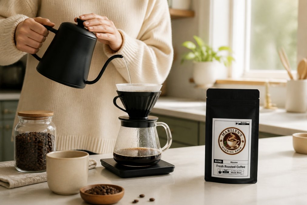 Hands carefully pouring hot water from a gooseneck kettle into a pour-over coffee maker in a quiet home kitchen, soft morning light, peaceful home brewing setup