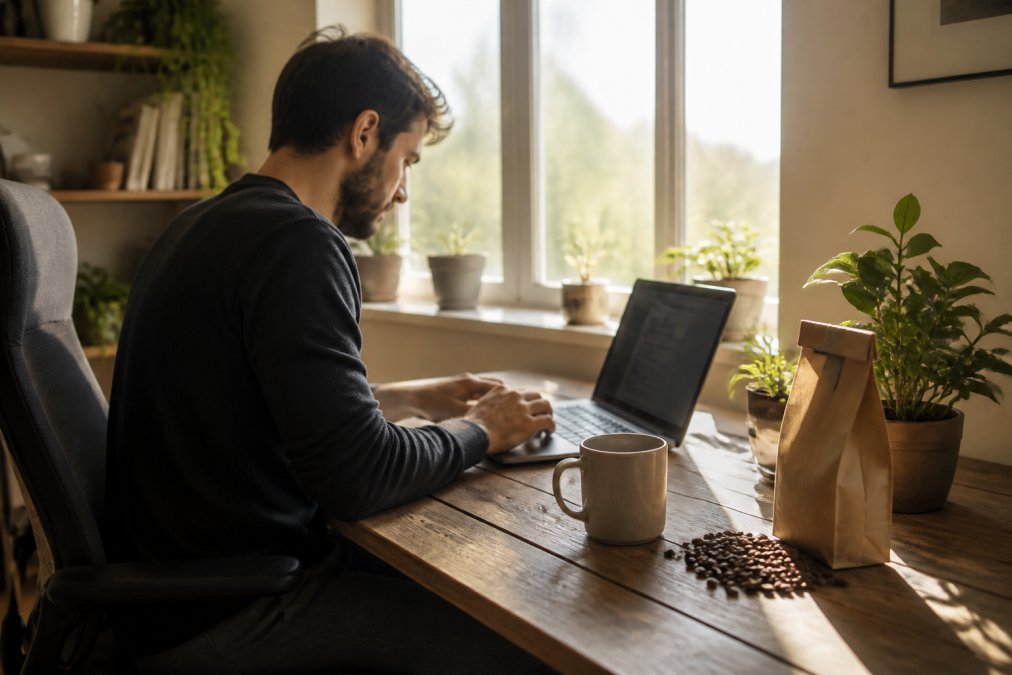 A person in a cozy home office working on a laptop, with a fresh cup of coffee and a bag of beans on the desk, bathed in natural window light