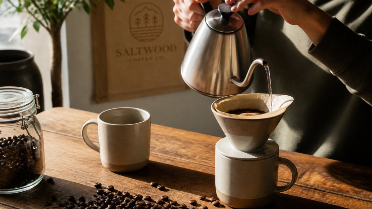 Step-by-step diagram illustrating the pour-over coffee brewing process in soft morning sunlight