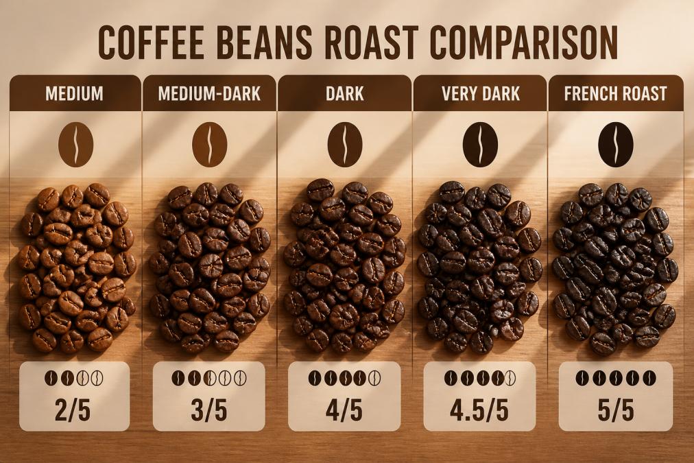 Close-up of whole coffee beans in different roast levels displayed side by side on a wooden surface, showing the color variation from medium to darker roasts, with morning sunlight casting shadows across the beans