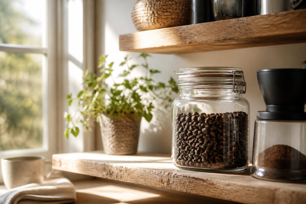 Coffee beans stored in an airtight glass container on a kitchen shelf away from direct sunlight, with a roast date label clearly visible on the container, surrounded by morning light from a nearby window