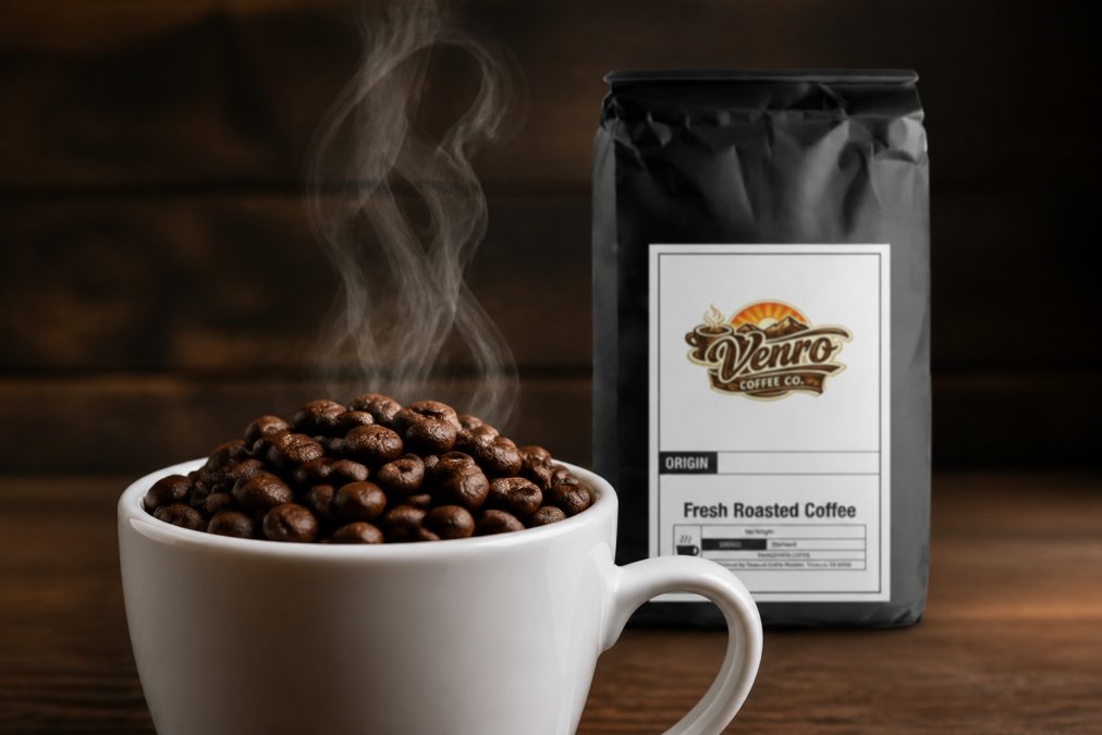 Close-up of freshly roasted coffee beans in a white ceramic cup with steam rising, showing rich brown color and texture, with a coffee bag in soft focus behind