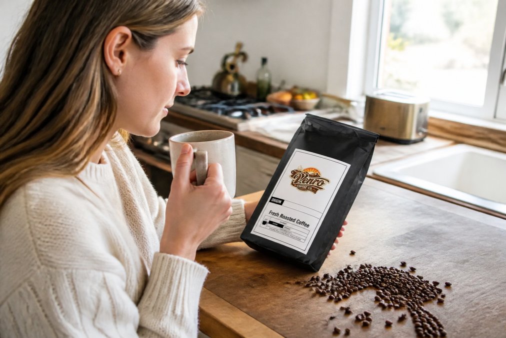 Person holding a coffee mug while reading tasting notes on a coffee bag at a kitchen counter, with whole beans scattered on the surface