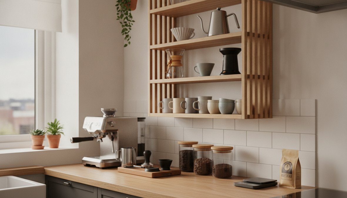 A small, organized kitchen counter showing wall-mounted wooden shelving holding an AeroPress, a ceramic pour-over dripper, a small coffee grinder, and a scale neatly arranged above a clear counter surface with natural morning light coming through a nearby window