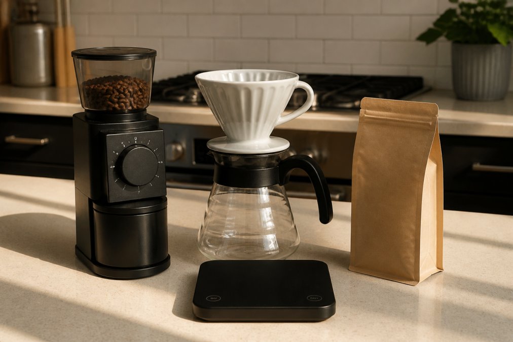 A flat lay photo of a complete beginner coffee setup on a kitchen counter: a burr grinder, a pour-over dripper on a carafe, a digital scale, and a bag of fresh coffee beans in warm morning light