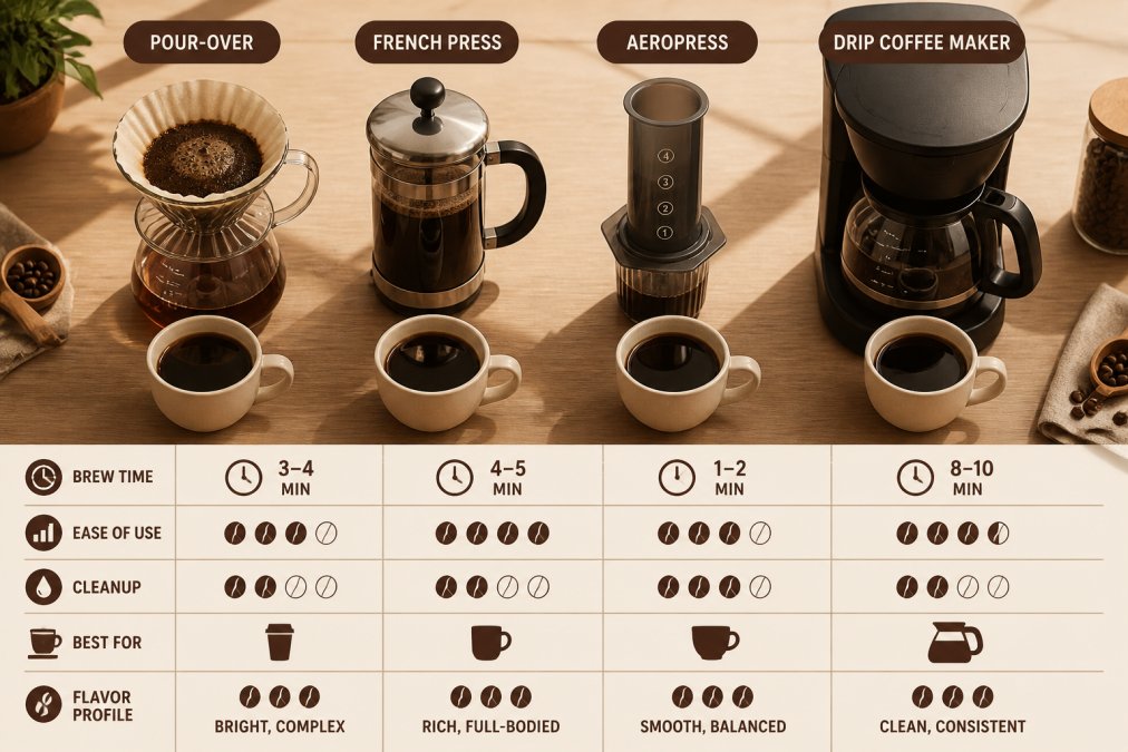 An overhead flat-lay photo of a wooden kitchen counter showing four different coffee brewing setups side by side: a glass pour-over carafe, a stainless steel French press, a compact AeroPress, and a drip coffee maker with a carafe. Each has a small cup of brewed coffee in front of it, with soft morning light casting gentle shadows across the wood surface