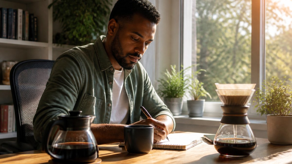 Remote worker at home office desk with fresh coffee cup, laptop open, morning light streaming through window, focused expression while working
