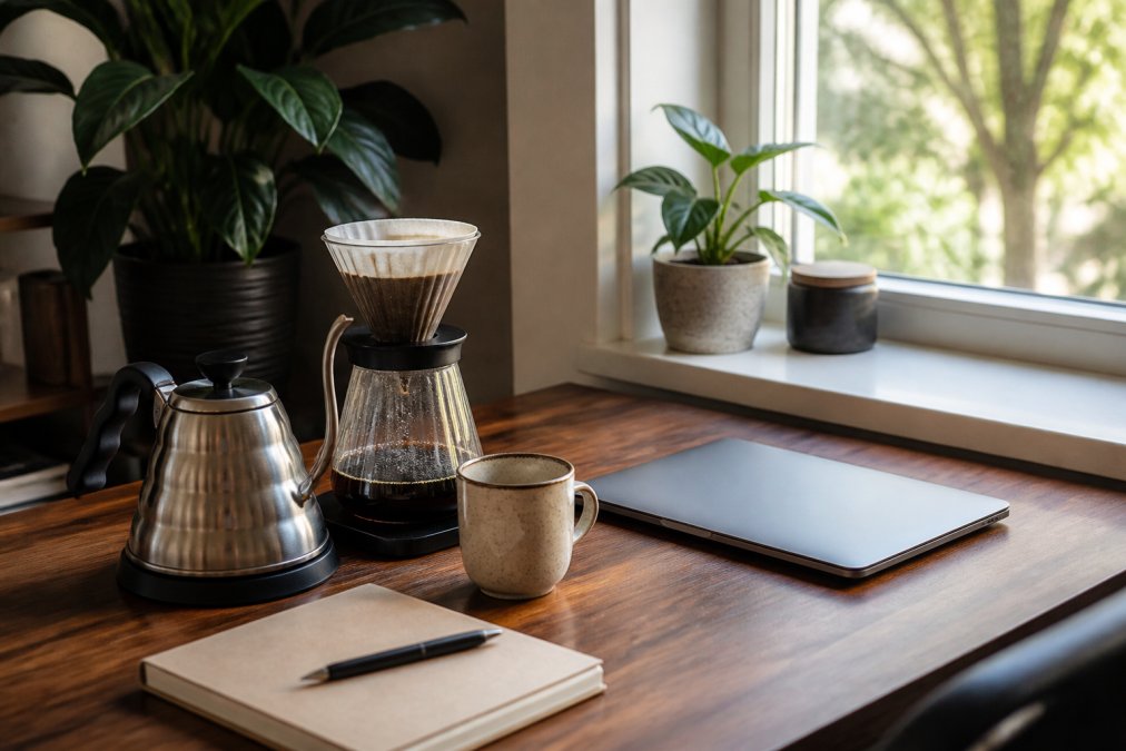 Compact pour-over setup on a desk as part of home coffee brewing methods, featuring a ceramic mug and kettle.