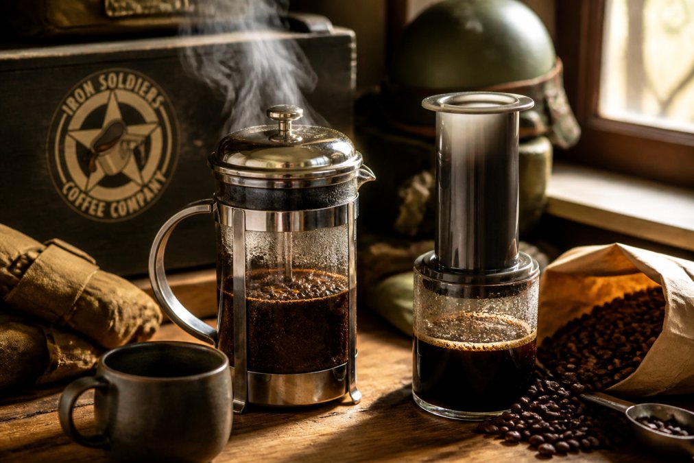 Stainless steel French press with coarse grounds and steam on a wooden counter for the best coffee brewing methods for rich