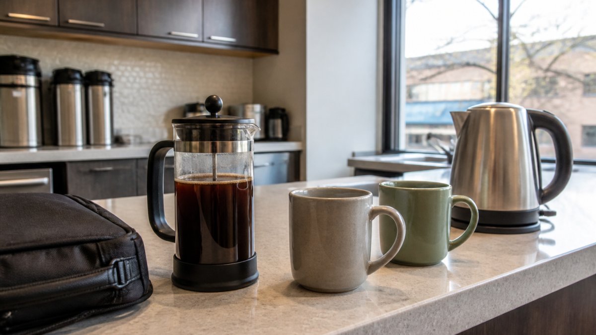 Glass French press with dark coffee on an office kitchen counter next to two ceramic mugs and a laptop bag