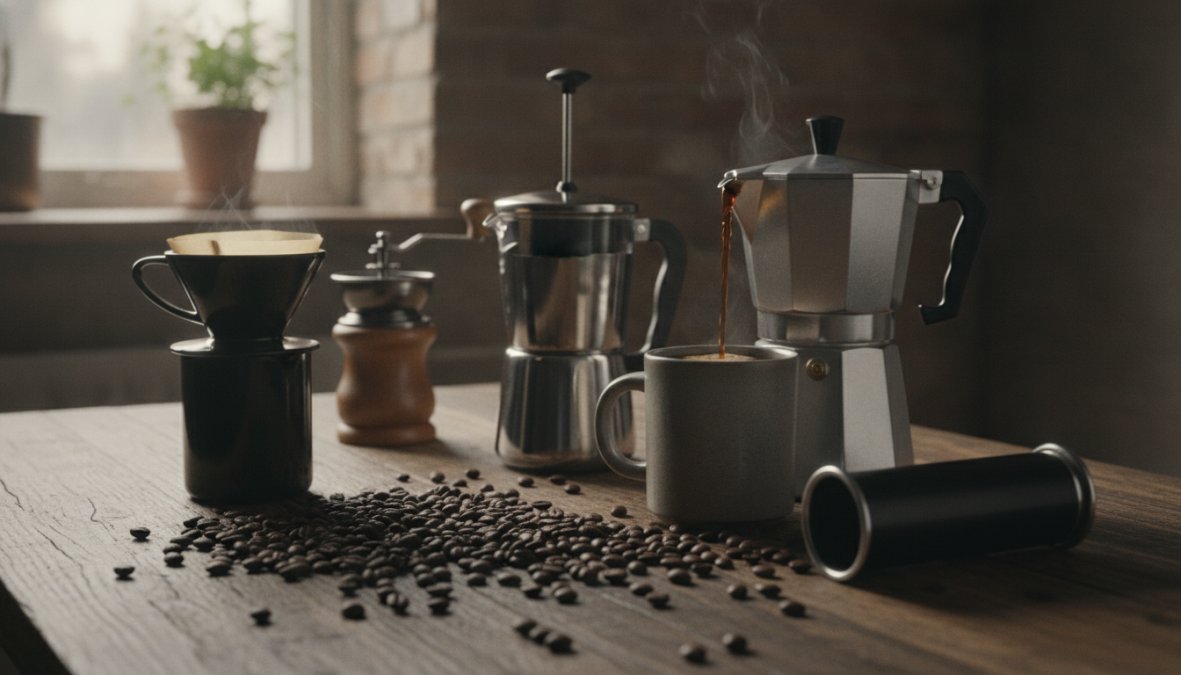 Flat lay of six coffee brewing devices including a French press, Moka pot, AeroPress, copper cezve, Vietnamese phin filter, and glass cold brew jar arranged on a light wood surface with scattered dark roast coffee beans