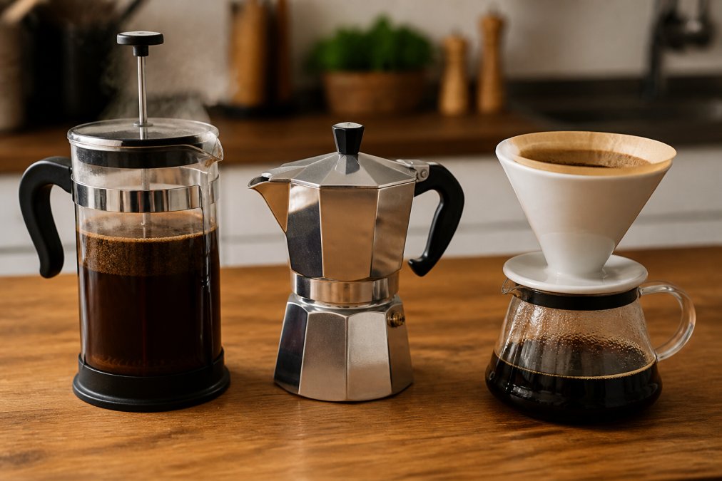 Steam rises from a French press brewing strong coffee with dark grounds and a visible metal mesh filter