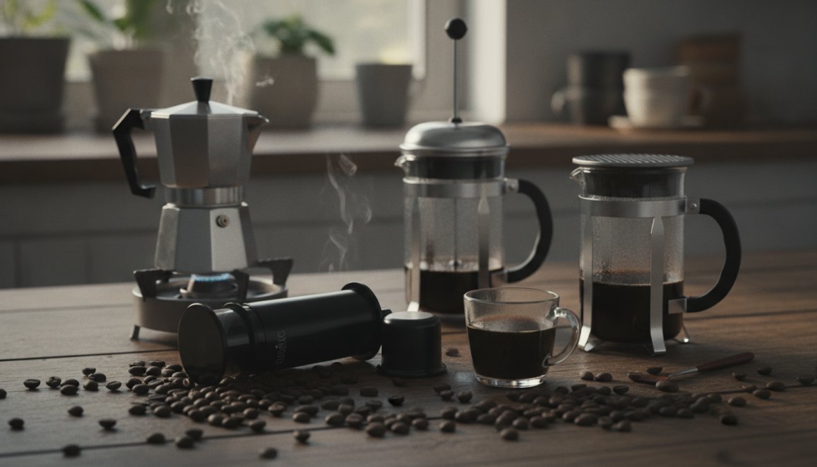 Close-up of hands scooping coffee grounds into clear glass containers showing three distinct textures from coarse to medium to fine, arranged on a white marble surface under soft natural light